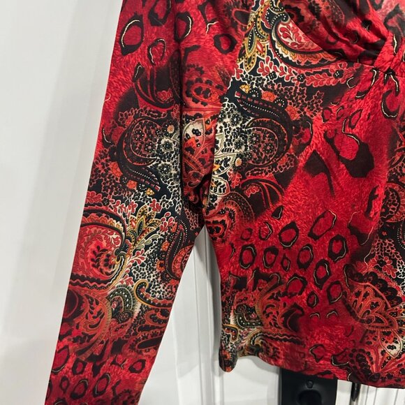 Peck & Peck Weekend Womens Sz M Long Sleeve Red Paisley Animal Print Top Elegant - Picture 4 of 10